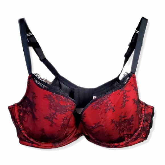 Cacique Other - Cacique Seriously Sexy Bra 42D Balconette Demi Black Red Lace Lined Plus Size